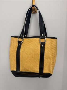 Talbots Yellow Straw Tote with Black Trim and Handles